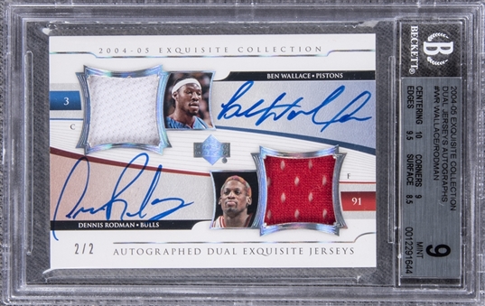 2004-05 UD "Exquisite Collection" Dual Jerseys Autographs #WR Ben Wallace/Dennis Rodman Dual Signed Game Used Patch Card (#2/2) – BGS MINT 9/BGS 10